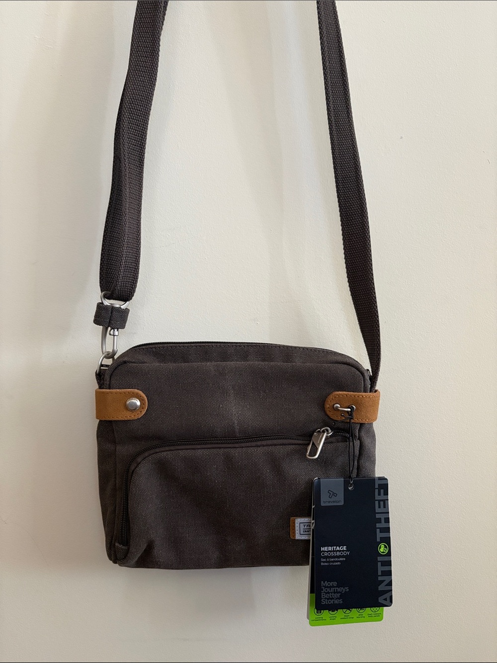 NWT Travelon Anti Theft Heritage Crossbody Travel Bag Pewter Canvas Suede Nickel